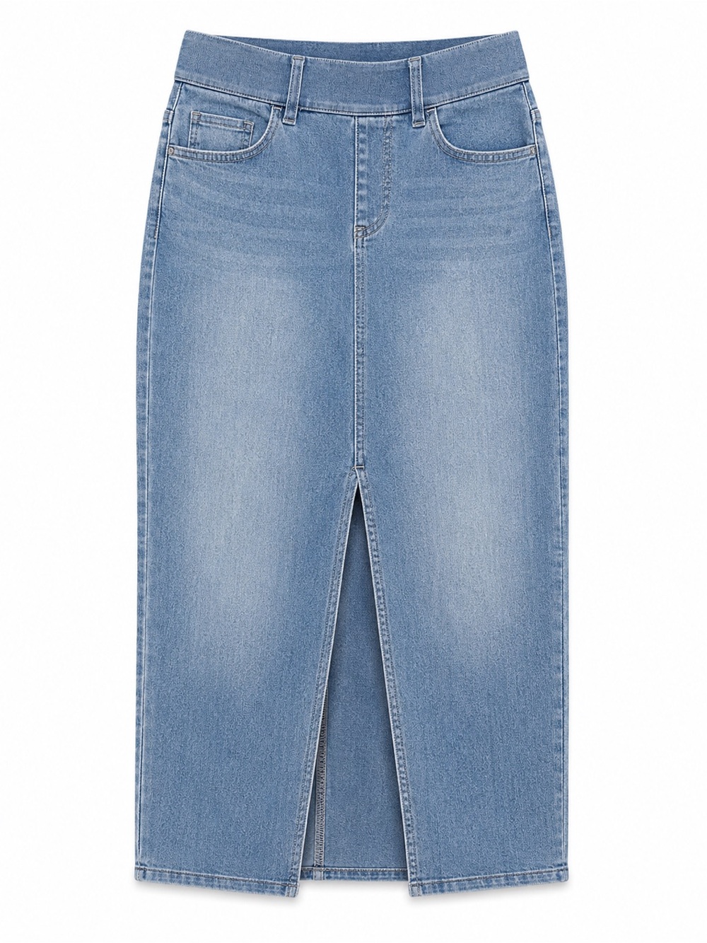 Halara Stretch Denim Midi Skirt S Pull On Front Slit Y2K Light Wash